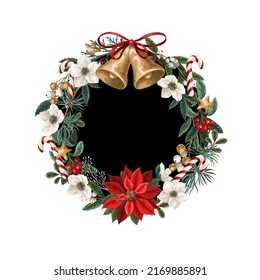 Christmas Wreath With Botanical Plants, Flowers And Bells Isolated. Textile Or Wallpaper Print