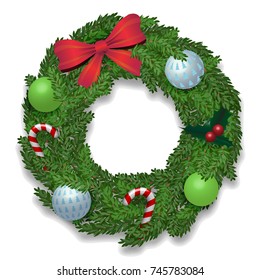 Christmas wreath with bow, balls, candy canes and holly. Vector illustration isolated on white background.