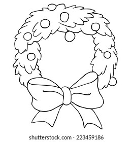 Christmas wreath with bow and balls. Isolated contour b&w illustration.