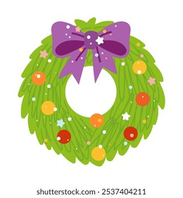 Christmas wreath with a bow, cartoon vector illustration