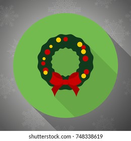 Christmas wreath with bow colorful icon flat design with long shadows. For web and mobile applications. It can be used as pictogram, icon, info graphic element. Vector Illustration.