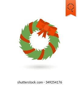 Christmas Wreath With Bow. Colorful. Single Flat Icon . Vector