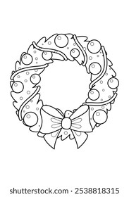 Christmas wreath with bow and decorations. Christmas doodle book coloring page. Outline illustration. Black and white.