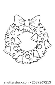 Christmas wreath with bow and decorations. Christmas doodle book coloring page. Outline illustration.