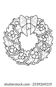 Christmas wreath with bow and decorations. Christmas doodle book coloring page. Outline illustration.