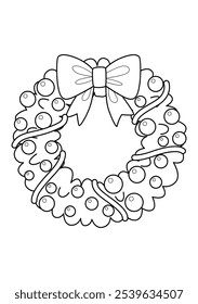 Christmas wreath with bow and decorations. Christmas doodle book coloring page. Outline illustration.