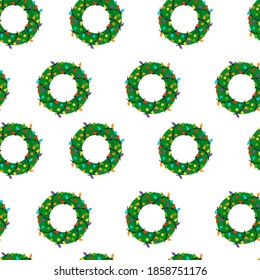 Christmas wreath with bow. Disposable flat icon.Set of holyday seamless patterns: Christmas presents in kraft paper and wreaths. Vector illustration.