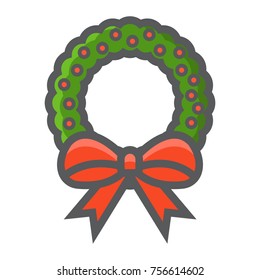 Christmas wreath with bow filled outline icon, New year and Christmas, xmas sign vector graphics, a colorful line pattern on a white background, eps 10.