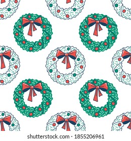 Christmas wreath with bow flat seamless pattern. Green and red vector texture. Festive cartoon wrapping paper design