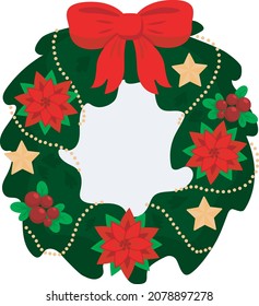 Christmas wreath with a bow, flowers and berries. An element of interior decorations for the new year and Christmas. Vector illustration.