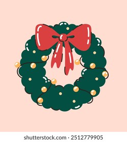 Christmas wreath with bow and garland. Flat vector illustration.