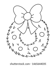 Christmas wreath with bow icon. Outline vector illustration isolated on white background. Coloring book page for children.