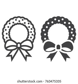 Christmas wreath with bow line and glyph icon, New year and Christmas, xmas sign vector graphics, a linear pattern on a white background, eps 10.