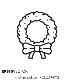 Christmas Wreath With Bow Line Icon. Outline Symbol Of Christmas Holidays And Festive Decoration. Seasonal Ornament Flat Vector Illustration.