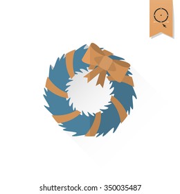 Christmas Wreath With Bow. Long Shadow. Retro Color. Single Flat Icon . Vector