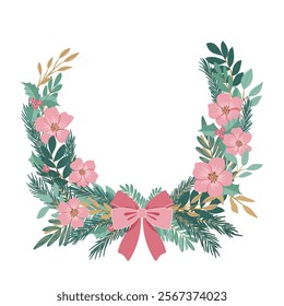 Christmas wreath with a bow, made of green twigs, holly, flowers and spruce. Frame for Christmas and New Year designs. Decorative Christmas elements. Vector illustration.