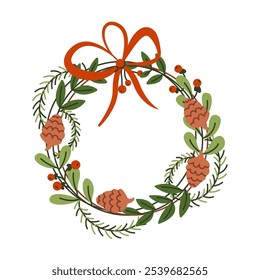 Christmas wreath with bow and pine cones flat color vector object. Happy winter holiday home decor illustration on white background