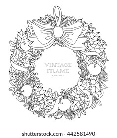 Christmas wreath with bow, ribbon. Forest holly berry, apple fruit. Vector hand drawn artwork. Holiday concept for Christmas invitation, ticket, branding. Coloring book page for adult. Black and white