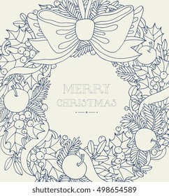 Christmas wreath with bow, ribbon. Forest holly berry, apple fruit. Vector artwork