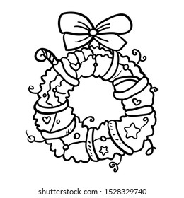 Christmas wreath with bow and ribbons. Home decoration for the holiday. Coloring page or book for children and adults. Symbol of the New Year and Christmas. - Vector. Vector illustration