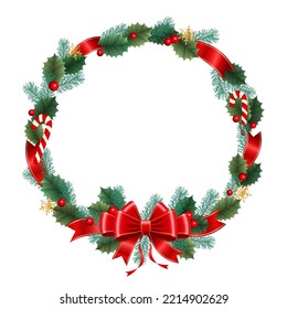 Christmas wreath of bow, ribbons, spruce branches, berries and leaves. Vector illustration.