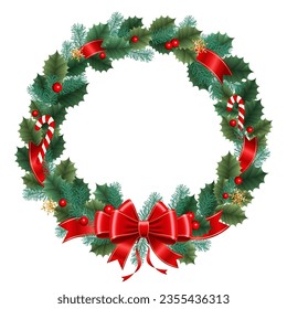 Christmas wreath of the bow, ribbons, spruce branches, berries, and leaves. Vector illustration.	