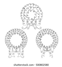 Christmas wreath with bow set. Abstract vector isolated illustration. Hand-drawn floral zentangle cartoon decorative outline collection. Adult coloring book. Eps 8.