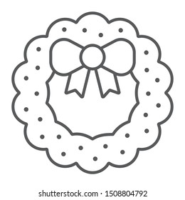 Christmas wreath with bow thin line icon, christmas and decor, holiday wreath sign, vector graphics, a linear pattern on a white background. eps 10.