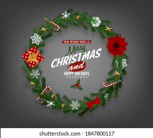 Christmas wreath with bow vector illustration. Greeting card with Christmas tree branches and Christmas toys.