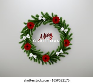 Christmas wreath with bow vector illustration. Greeting card with Christmas tree branches and Christmas toys.