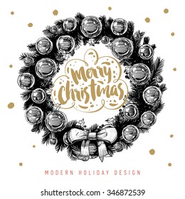 Christmas Wreath with Bow and Xmas Baubles. Typographic and Calligraphic Elements.