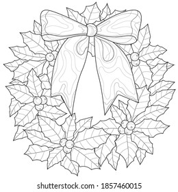 
Christmas wreath 
with bow.Holly berries.Coloring book antistress for children and adults.Zen-tangle style.Black and white drawing