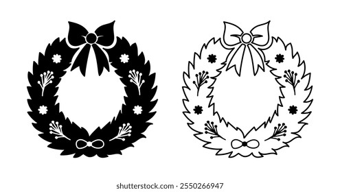 Christmas Wreath with Bows and Berries. Black silhouette and outline illustrations isolated on white background. Concept of Holiday Decoration, Festive Ornaments, Minimalist Design Elements