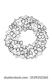 Christmas wreath with bows and decorations. Christmas doodle book coloring page. Outline illustration. Black and white.