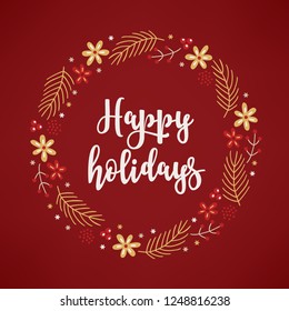 Christmas wreath with bows, fir branches, berries and snowflakes on bordo background. Perfect for holiday greeting cards