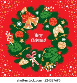 Christmas wreath with branches, balls, berries for greeting cards