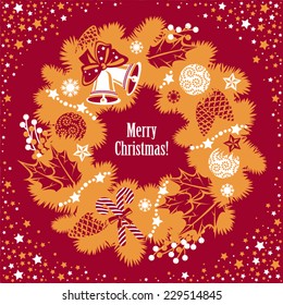Christmas wreath with branches, balls, berries for greeting cards