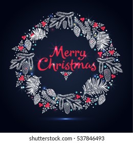 Christmas wreath branches with cones, berries and snowflakes. Vector illustration.