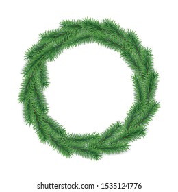 Christmas wreath with branches of evergreen tree in form of circle isolated on white background.