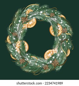 Christmas wreath with a branches of needles and decorative dried oranges.  Isolated on a green background. Vector illustration for postcards, wallpaper.