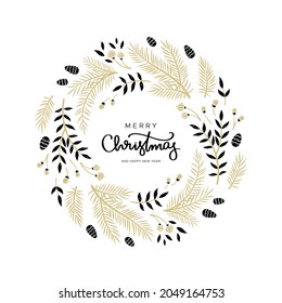 Weihnachtskranz mit Ästen und Kiefern in Gold und Schwarz. Einzigartiges Design für Ihre Grußkarten. Vektorgrafik im modernen Stil.