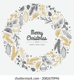 Christmas wreath with branches and pine cones. Design for your postcards, banners, flyers.