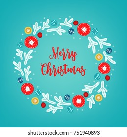 Christmas wreath with branches, snowflakes and balls on blue background. Perfect for holiday greeting cards 