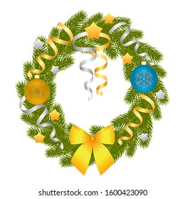 Christmas wreath of branches of spruce or pine. Christmas decorations. Christmas tree. Vector illustration isolated on white background.