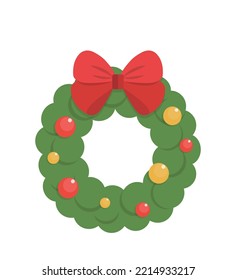 Christmas wreath with bright red and green plants, ball decoration, vector cartoon style