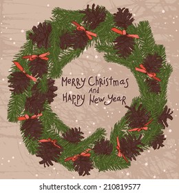 christmas wreath with brown pine cones with text