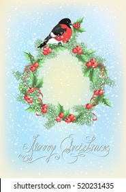 Christmas wreath with bullfinch on the snowfall background in retro style