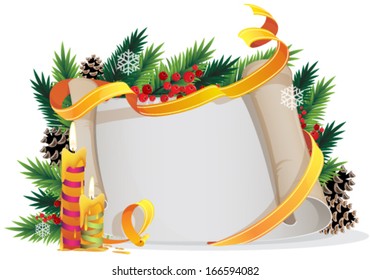 Christmas wreath with burning candles, parchment and  red berries on a white background
