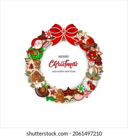 christmas wreath with cakes, candies and cookies