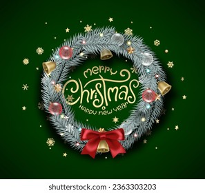 Christmas wreath with calligraphic inscription. Vector banner. Merry Christmas